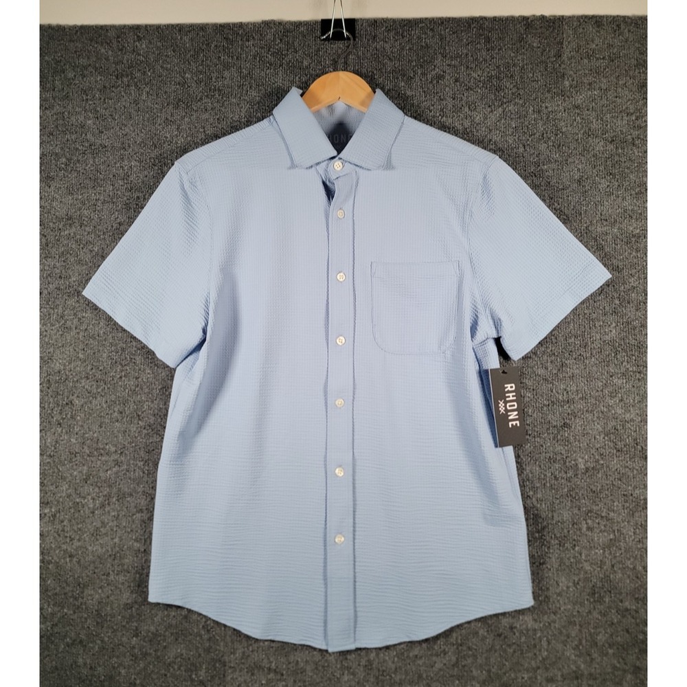 NEW Rhone Commuter Seersucker Shirt Mens Small Blue Short Sleeve Button Up $128
